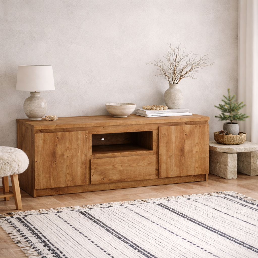 Hemingway 136cm Natural Oak Wood TV Cabinet 2 Door 1 Drawer