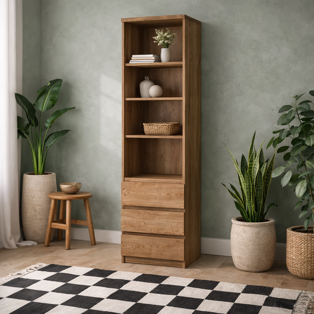 Hemingway Natural Oak Wood Tall Narrow 3 Drawer Bookcase