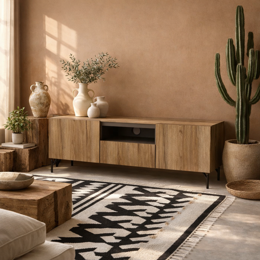 Hillerod Natural Oak Wood and Black TV Unit 2 Doors 1 Drawer