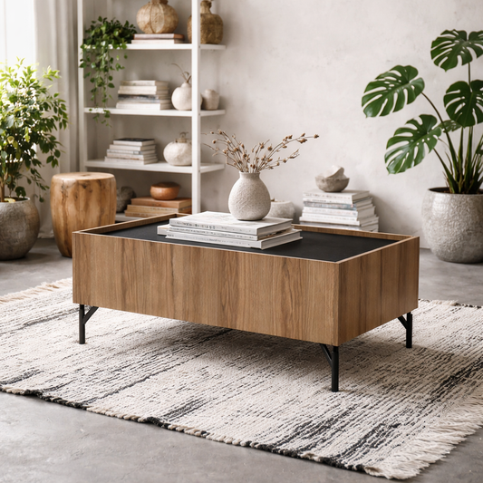 Hillerod Natural Oak Wood and Black Coffee Table 2 Drawers