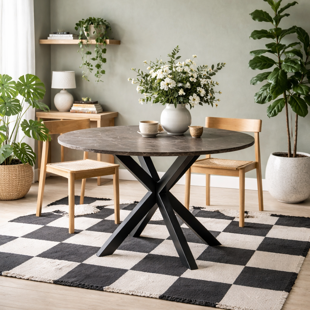 Perth 120cm Brown Polished Marble Round Dining Table Industrial Black Metal Legs