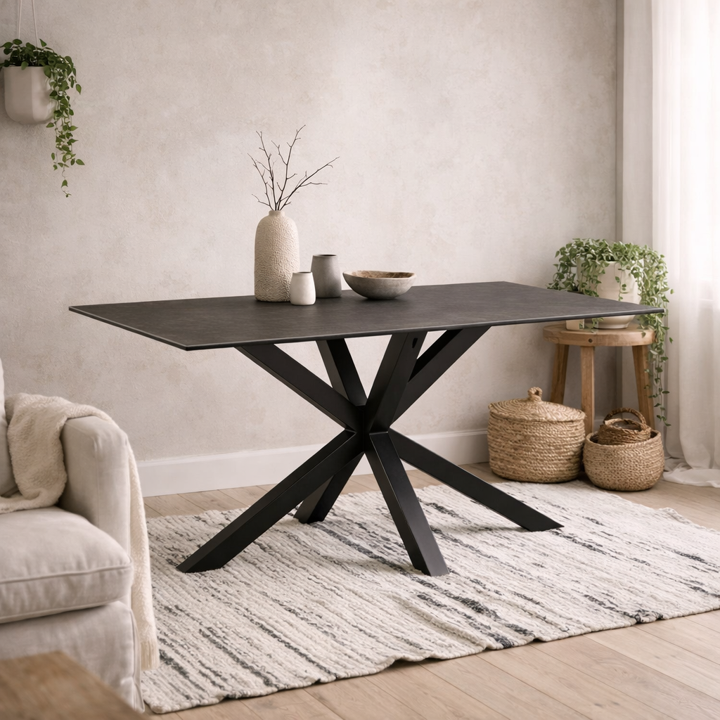 Perth 135cm 4 Seater Black Ceramic Dining Table Industrial Black Metal Legs