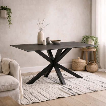 Perth 135cm 4 Seater Black Ceramic Dining Table Industrial Black Metal Legs