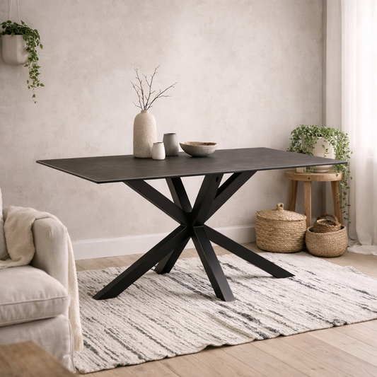 Perth 135cm 4 Seater Black Ceramic Dining Table Industrial Black Metal Legs