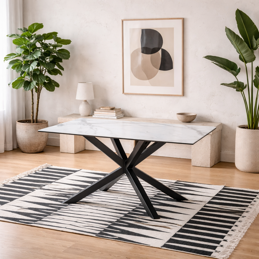 Perth 135cm 4 Seater White Ceramic Dining Table Industrial Black Metal Legs