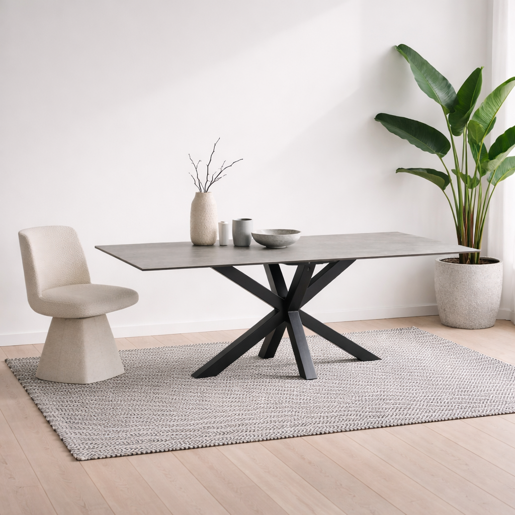 Perth 200cm Grey Ceramic Rectangular Dining Table Industrial Black Metal Legs