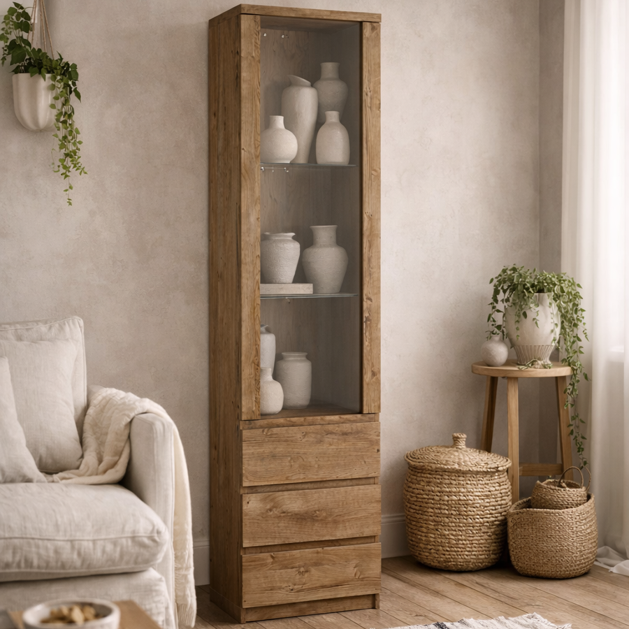 Hemingway Natural Oak Wood Tall Narrow Display Cabinet 1 Door 3 Drawer