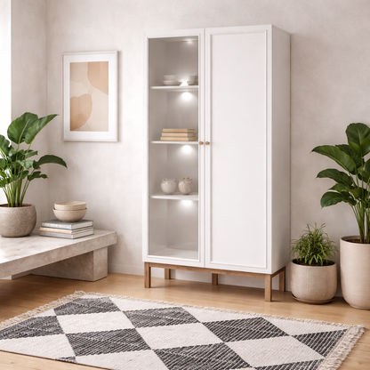 Niva Light Grey and Natural Oak Effect Display Cabinet with LED Lighting 2 Doors