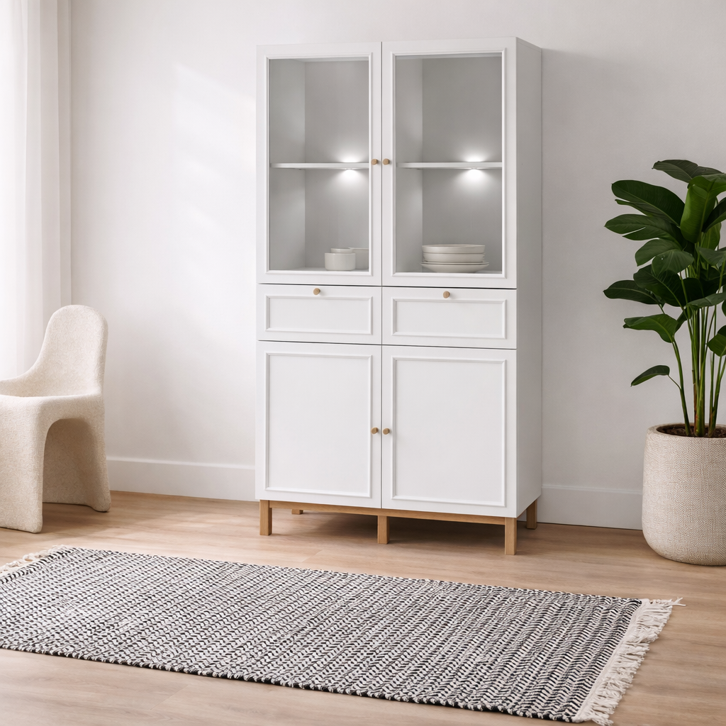 Niva Light Grey and Natural Oak Effect Display Cabinet with LED Lighting 4 Doors 2 Drawers