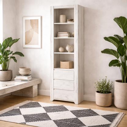 Norwich Aged Effect Soft Grey Wood Veneer Tall Narrow 3 Drawer Bookcase