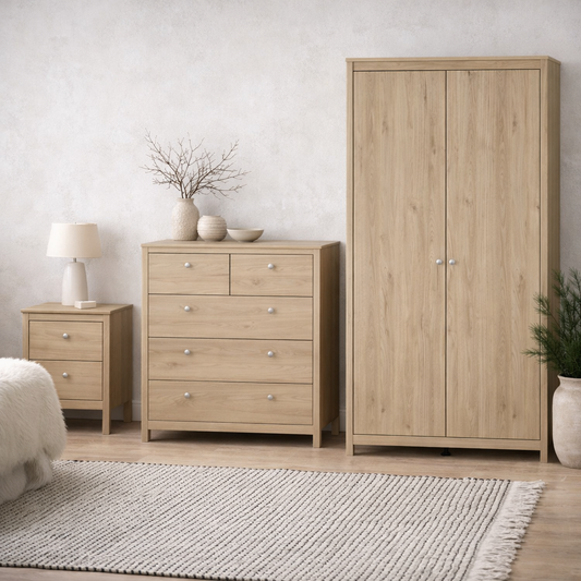 Gossmere Bedroom Set Hickory Oak Effect Bedside Table + Chest of Drawers + Wardrobe