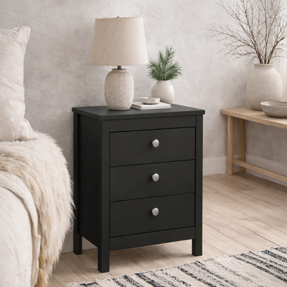 Gossmere Matt Black Bedside Table 3 Drawers