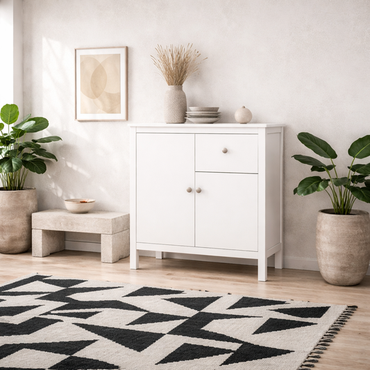 Gossmere White Wooden Storage Cupboard 2 Doors  1 Drawer Silver Handles