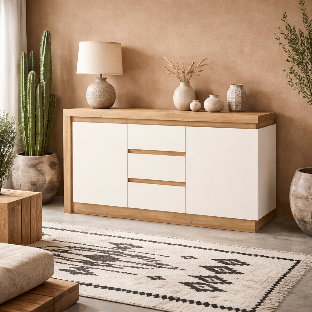 Hjorring Natural Oak Wood and White Sideboard 2 Doors 3 Drawers