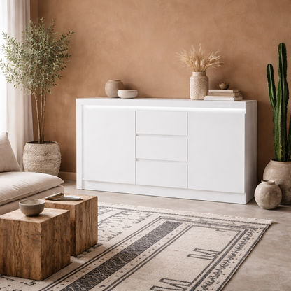 Hjorring White Wooden Sideboard 2 Door 3 Drawer with LED Lights