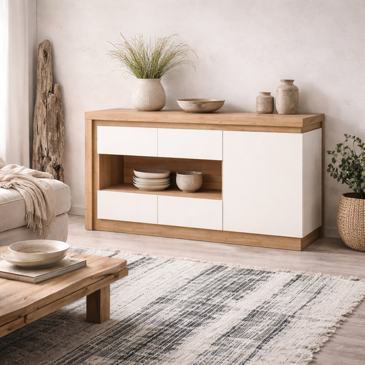 Hjorring White Gloss and Natural Oak Wood Minimalist Sideboard 3 Doors with LED Lights
