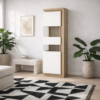 Hjorring White and Natural Oak Wood Tall Narrow Display Cabinet