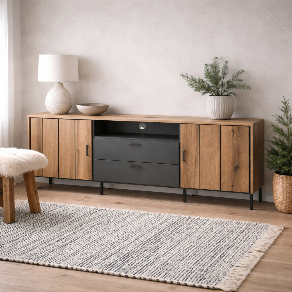 Nightbloom 173cm Grey and Oak Wood Effect Panelled TV Cabinet 2 Door 2 Drawer