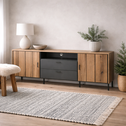 Nightbloom 173cm Grey and Oak Wood Effect Panelled TV Cabinet 2 Door 2 Drawer