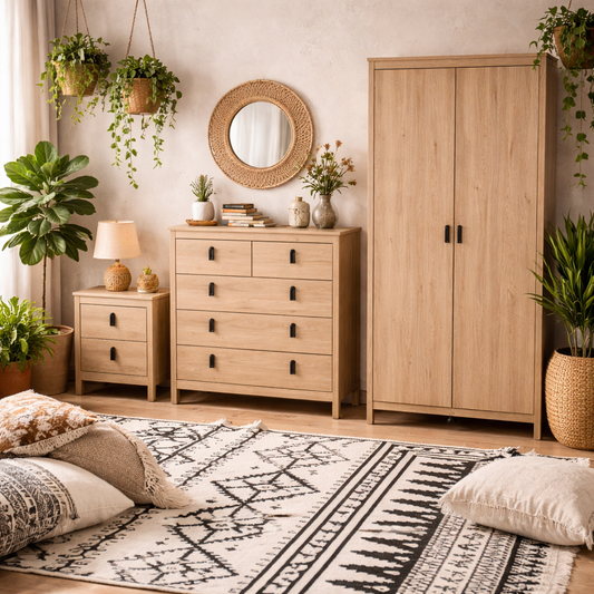 Wildberry Bedroom Furniture Set - Bedside Table 2 Drawers + Chest 5 Drawers + 2 Door Wardrobe in Jackson Hickory Oak