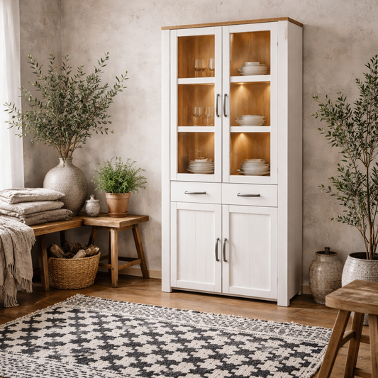 Southampton White and Natural Oak Effect Display Cabinet with LED Lighting 4 Door 2 Drawer