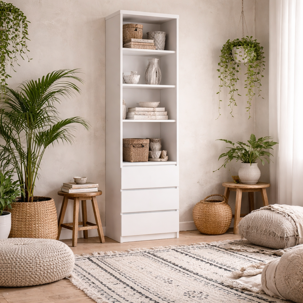 Hemingway White Wooden Tall Narrow 3 Drawer Bookcase