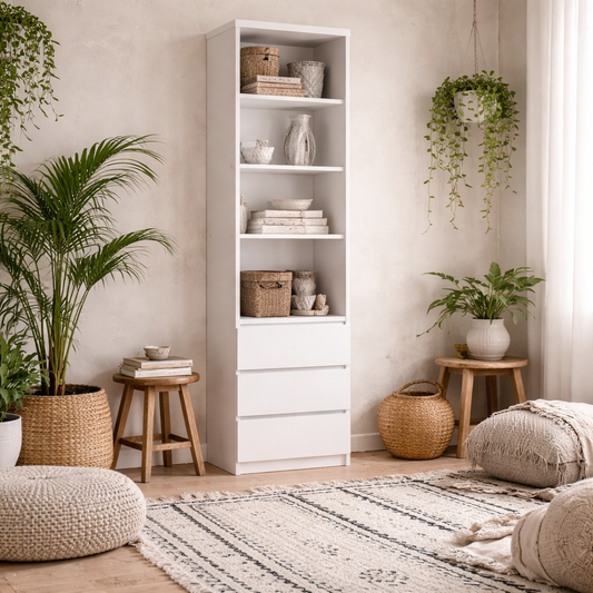 Hemingway White Wooden Tall Narrow 3 Drawer Bookcase