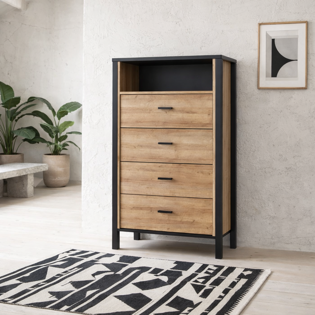 Egtved Black and Natural Oak Wood Effect Chest of 4 Drawers