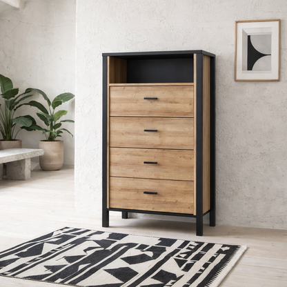 Egtved Black and Natural Oak Wood Effect Chest of 4 Drawers