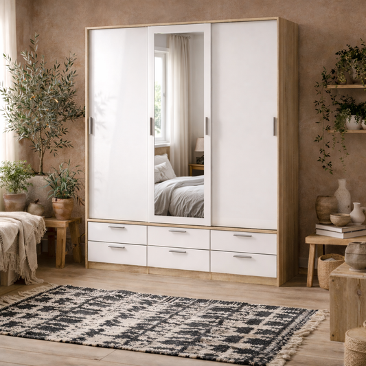 Skjern Skjern White and Natural Oak Wood Wardrobe 3 Doors 6 Drawers