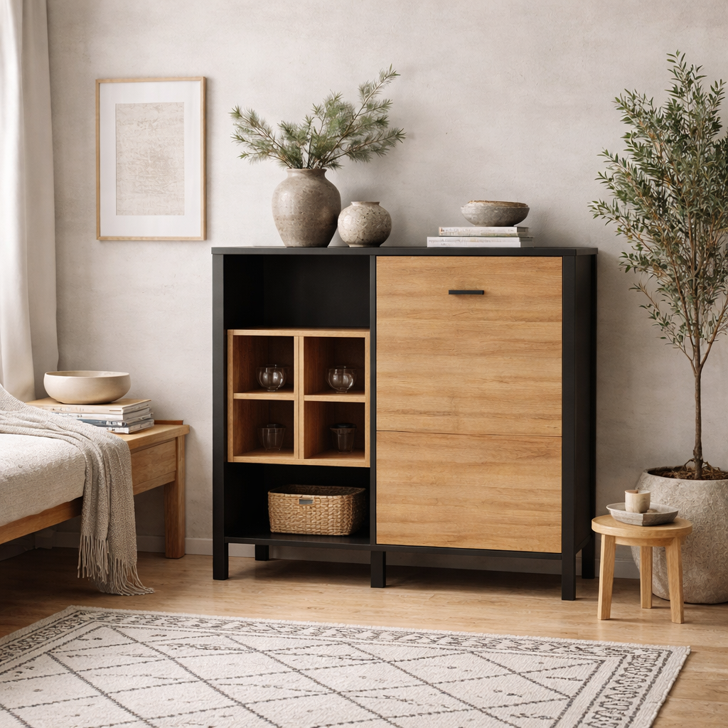 Egtved Large Wide Black and Natural Oak Wood Effect Storage Display Chest 1 Door