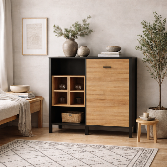 Egtved Large Wide Black and Natural Oak Wood Effect Storage Display Chest 1 Door