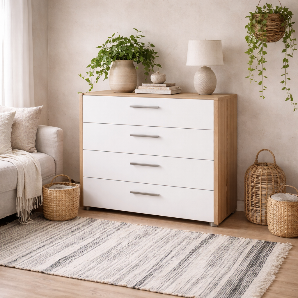 Daejeon White and Natural Oak Effect Wood Chest of 4 Drawers