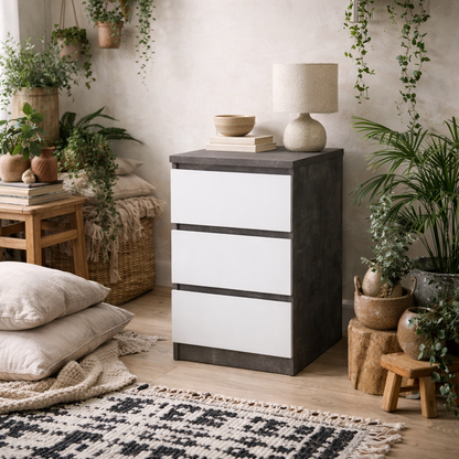 Budapest Concrete Effect and White Wooden Bedside Table 3 Drawers