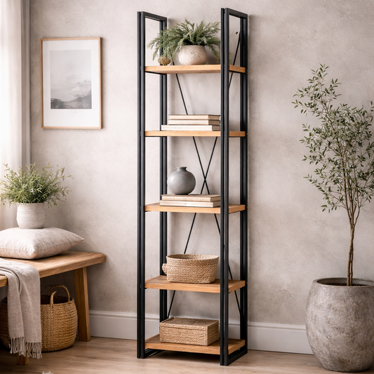 Toivakka Industrial Reclaimed Wood and Metal Narrow Bookcase 5 Shelves
