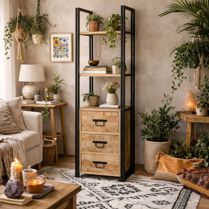 Toivakka Industrial Reclaimed Wood and Metal Narrow Bookcase 3 Drawers