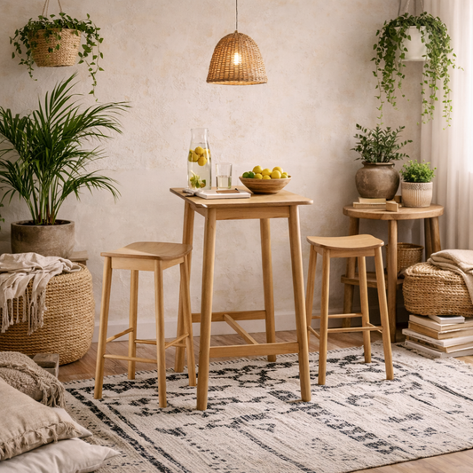 Brno Kitchen Dining Set Natural Oak Effect Wood Bar Table + 2 Bar Stools