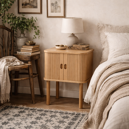 Copenhagen Natural Oak Wood Etched Square Bedside Table 2 Tambour Doors
