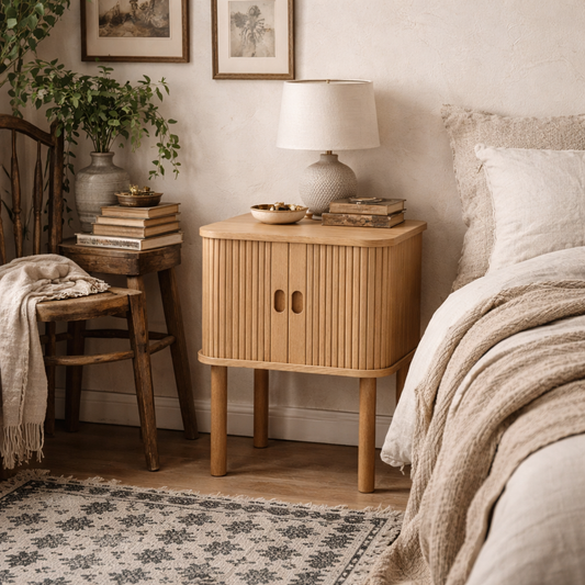 Copenhagen Natural Oak Wood Etched Square Bedside Table 2 Tambour Doors