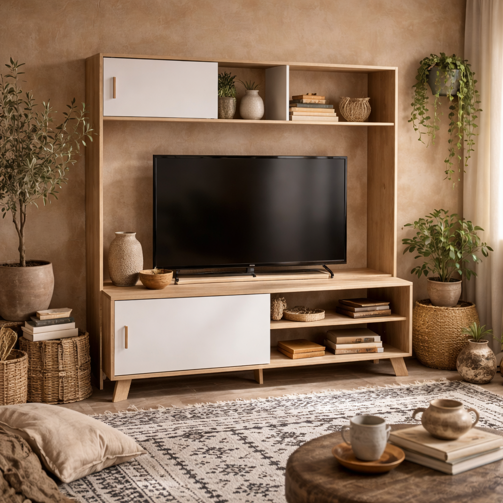 Hobro White and Natural Oak Wood TV Unit 2 Sliding Doors