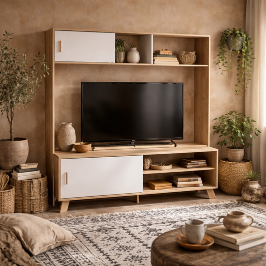 Hobro White and Natural Oak Wood TV Unit 2 Sliding Doors