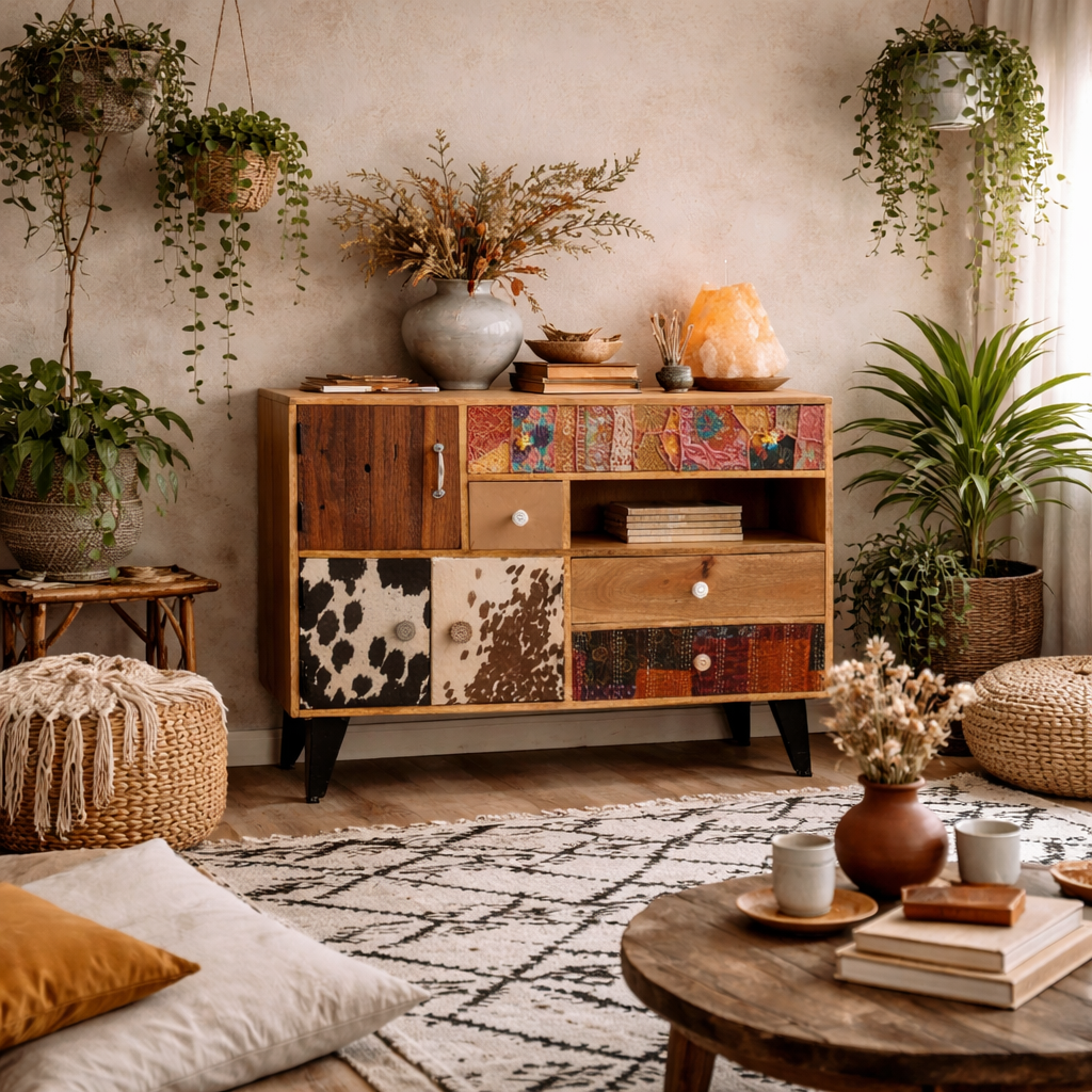 Kokkola Quirky Pattern Reclaimed Wood Large Sideboard 3 Doors 4 Drawers