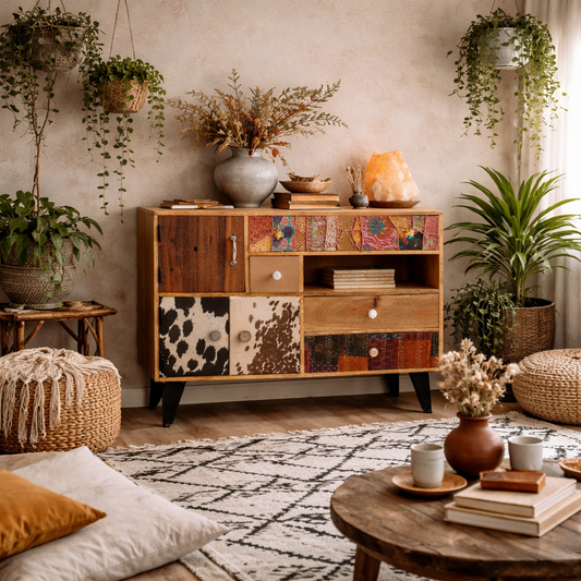 Kokkola Quirky Pattern Reclaimed Wood Large Sideboard 3 Doors 4 Drawers