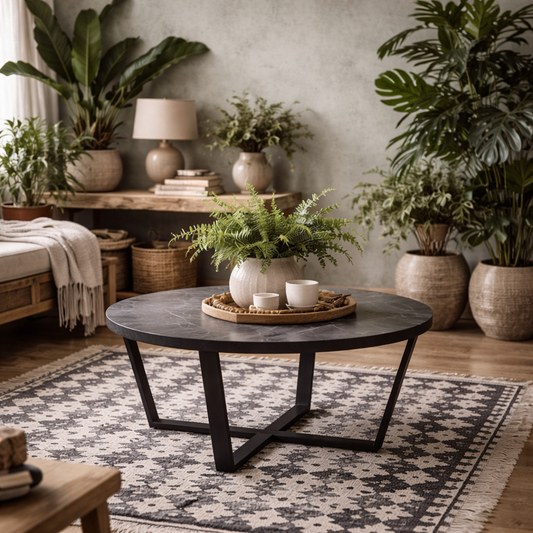 Stovring Black Marble Effect Round Coffee Table Black Legs