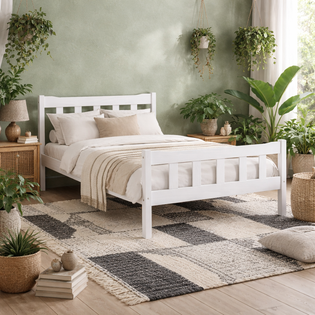 Tralee White Washed Wooden 5ft King Size Bed with Slatted Headboard and Footboard