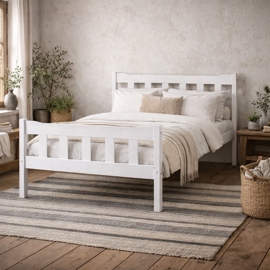 Tralee White Washed Wooden 4ft6 Double Bed with Slatted Headboard and Footboard