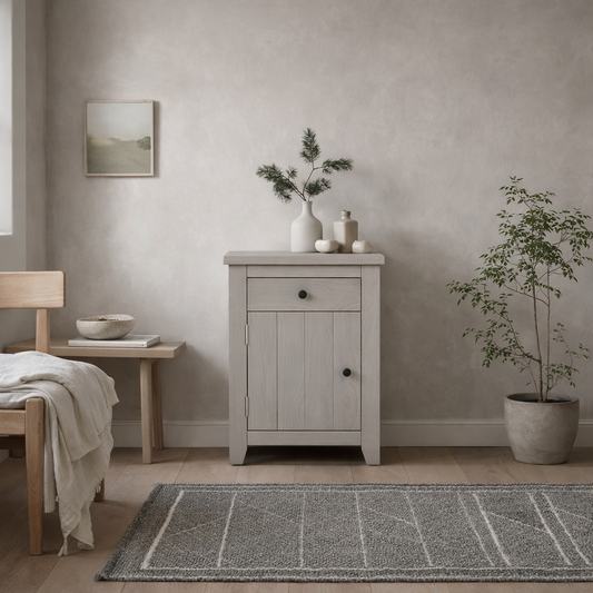 Tralee Panelled Grey Washed Wooden Bedside Cabinet 1 Drawer 1 Door