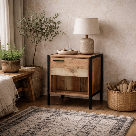 Lucan Oak Effect Distressed  Bedside Table 1 Drawer Open Shelf