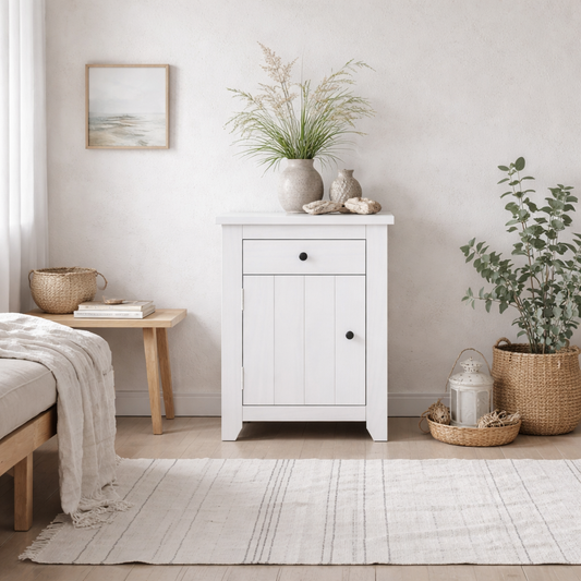 Tralee Panelled White Washed Wooden Bedside Table