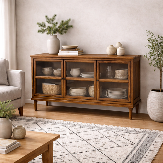 Honley Dark Brown Wood 3 Glass Door Sideboard